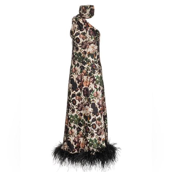 vasiliki atelier Dresses & Skirts - Liya Asymmetric Silky Maxi Dress With Faux Feather